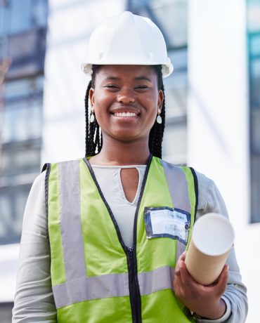 Architecture, project management and portrait of black woman at construction site for civil enginee.